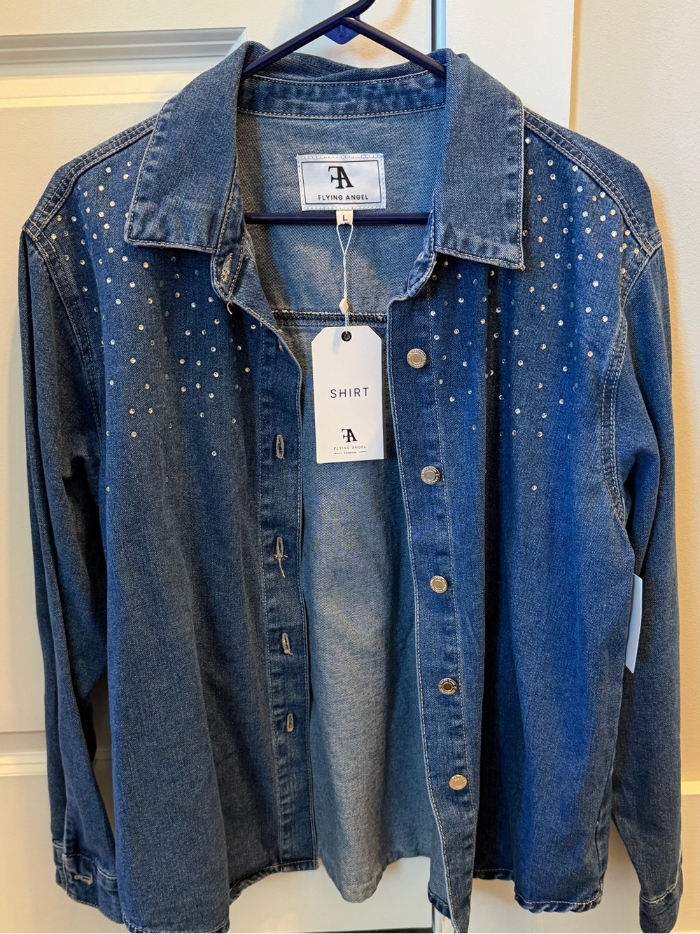 NWT Flying Angel Rhinestone Studded Denim Jean Button Up Shirt or Shacket Size L